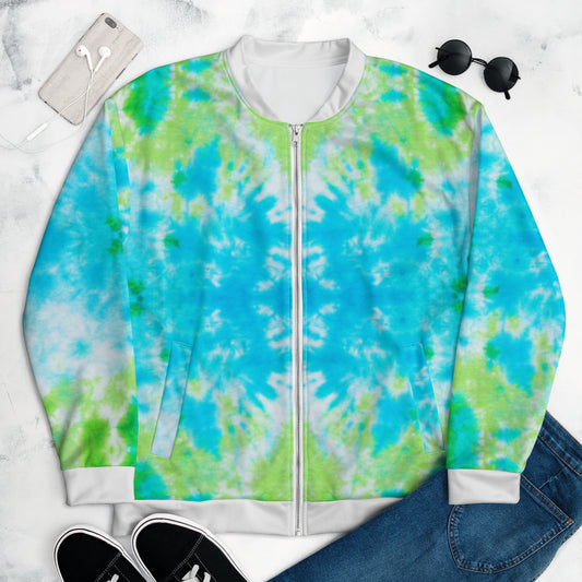 Women Bomber Jacket With Pockets Zipper Cool Blue Green Tie Dye Design by IOBI Original Apparel