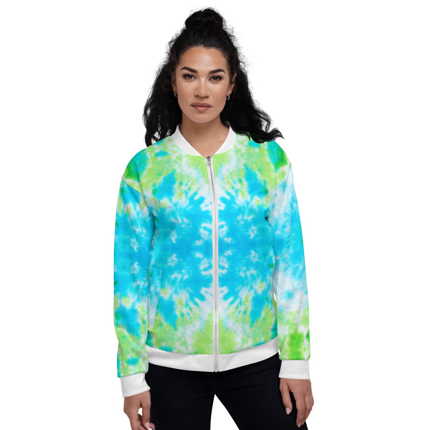 Women Bomber Jacket With Pockets Zipper Cool Blue Green Tie Dye Design by IOBI Original Apparel