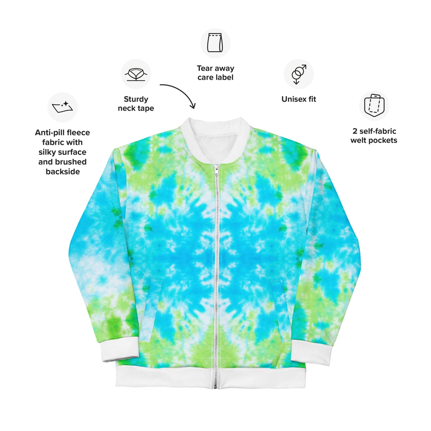 Women Bomber Jacket With Pockets Zipper Cool Blue Green Tie Dye Design by IOBI Original Apparel