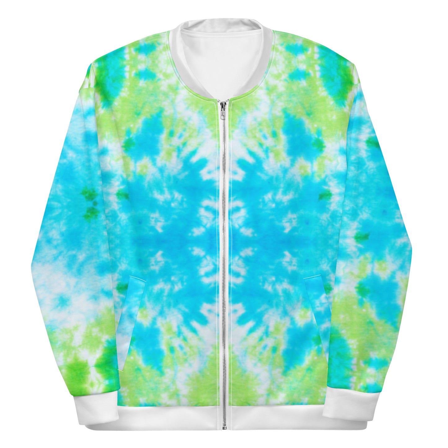 Women Bomber Jacket With Pockets Zipper Cool Blue Green Tie Dye Design by IOBI Original Apparel