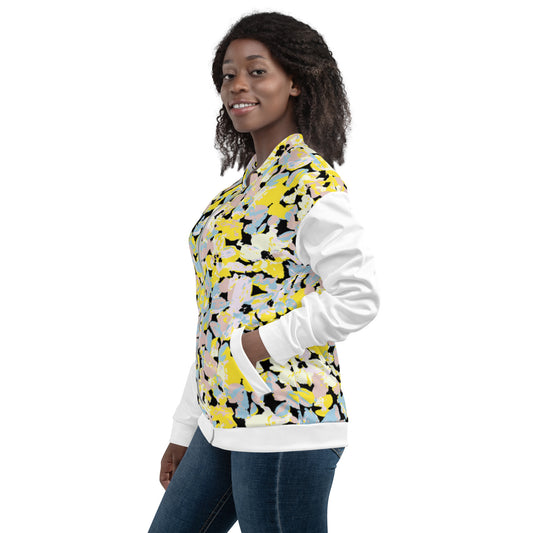 Women's Bomber Jacket With Pockets Zipper Premium Quality Yellow Blue Pink Bloom Design by IOBI Original Apparel