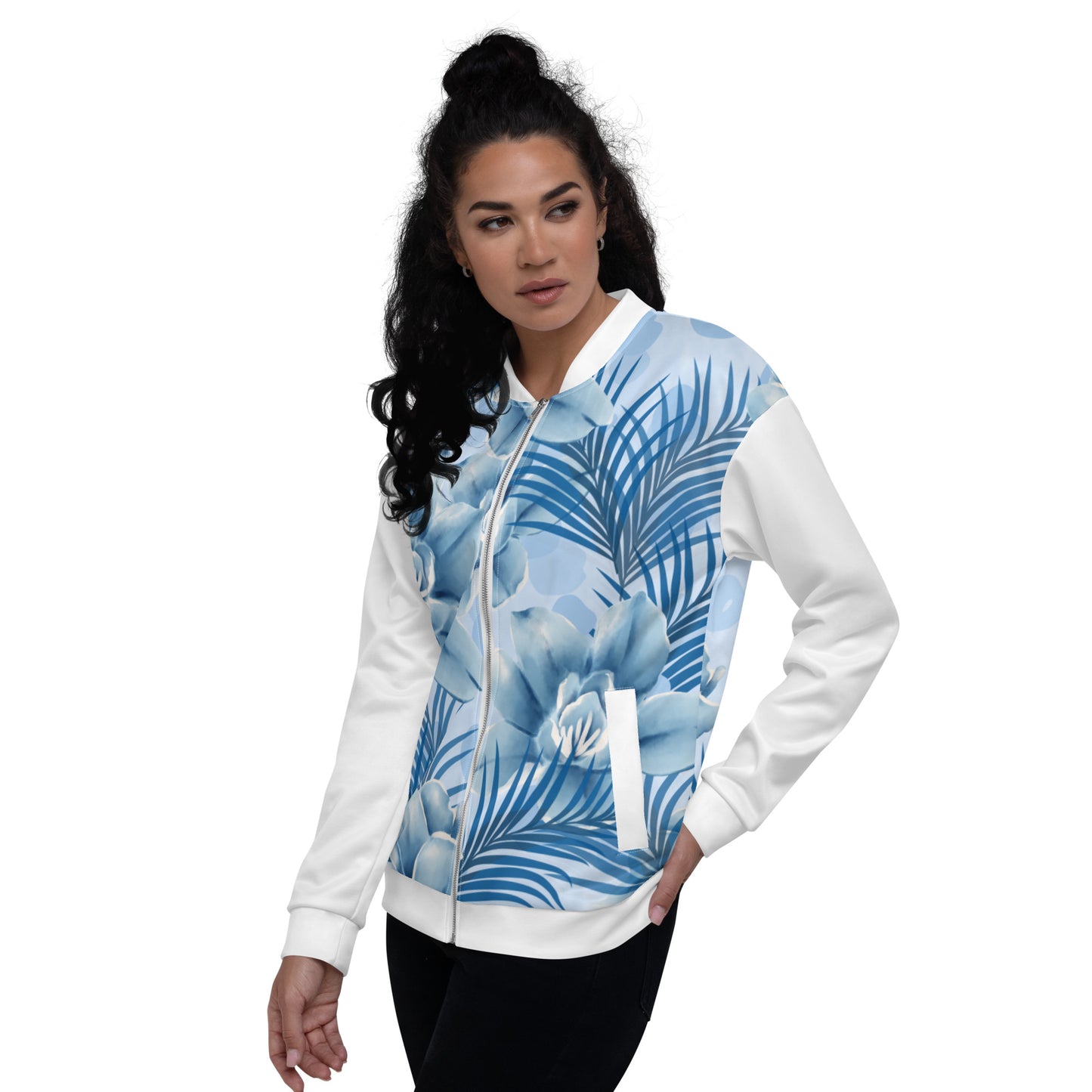 Women Bomber Jacket With Zipper Premium Quality Blue Fire Bird Floral Design by IOBI Original Apparel