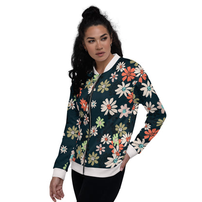 Women Bomber Jacket With Pockets Zipper Daisy Flowers Full Jacket Design by IOBI Original Apparel