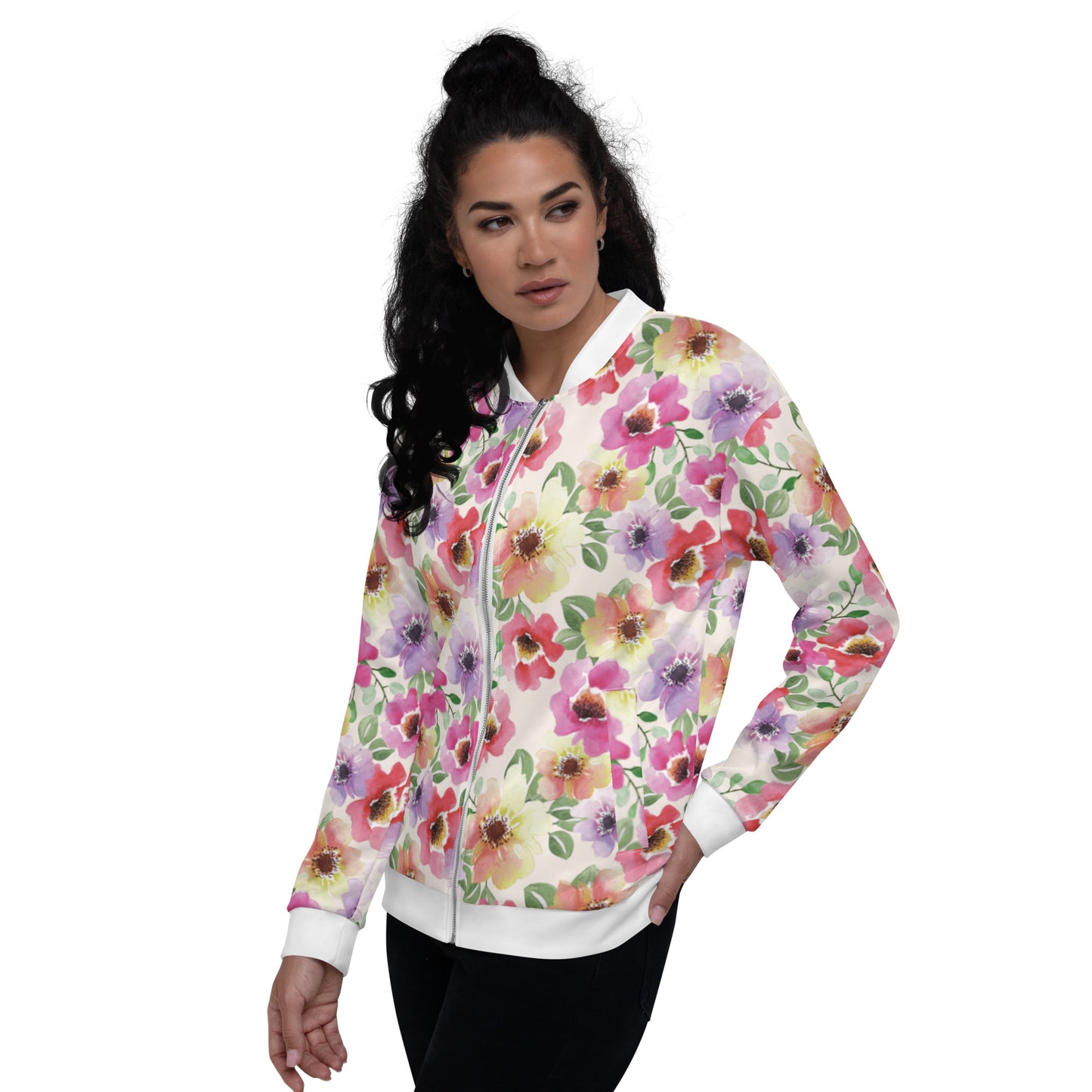 Women Bomber Jacket With Pockets Zipper Poppy Bloom Flowers Design by IOBI Original Apparel