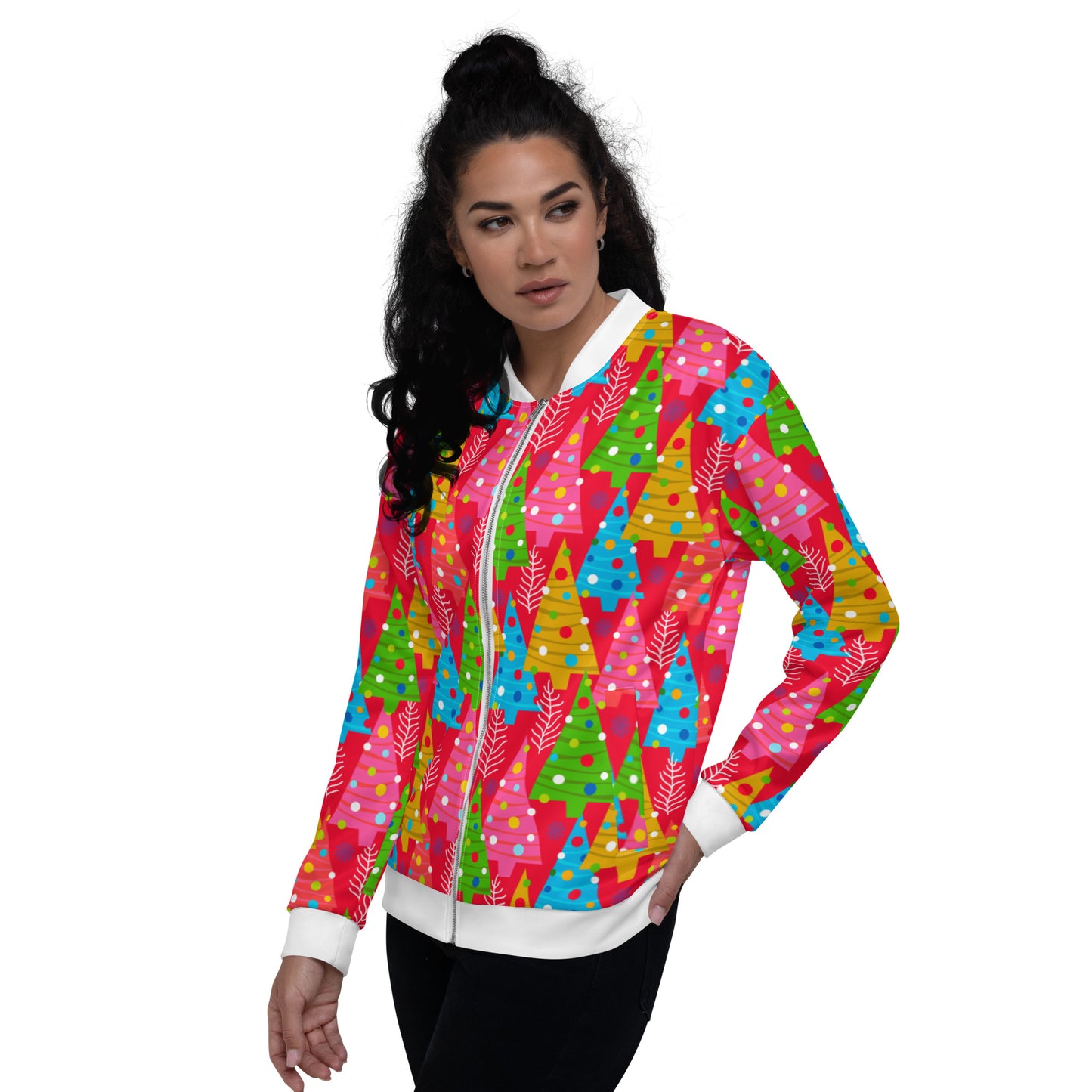 Women Bomber Jacket With Pockets Zipper Christmas Candy Colors Design by IOBI Original Apparel