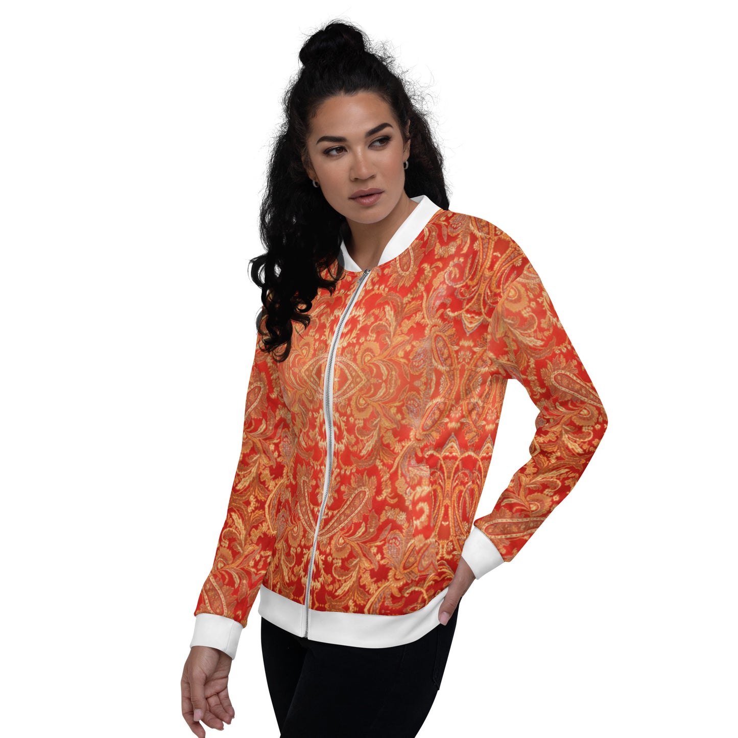 Women Bomber Jacket With Pockets Zipper Premium Quality Warm Paisley Design by IOBI Original Apparel