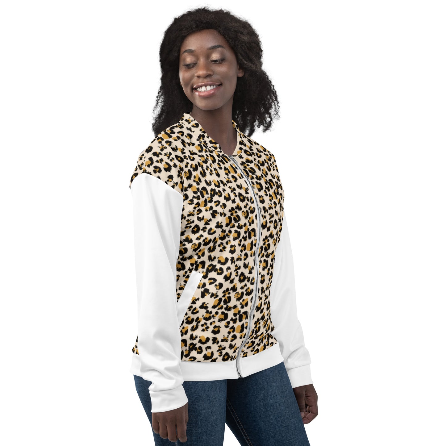 Women Bomber Jacket With Pockets Zipper Premium Quality Leopard Design by IOBI Original Apparel