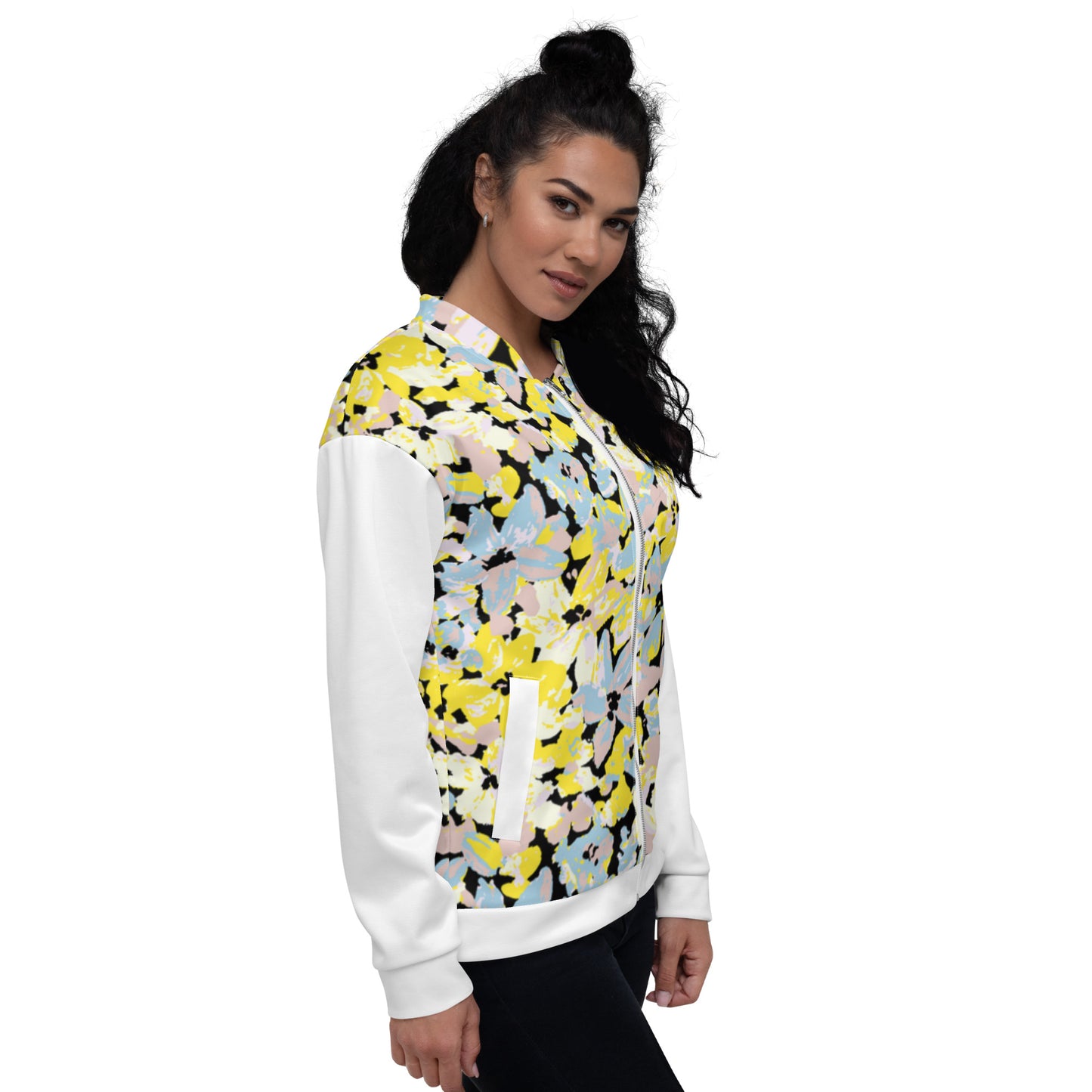 Women's Bomber Jacket With Pockets Zipper Premium Quality Yellow Blue Pink Bloom Design by IOBI Original Apparel