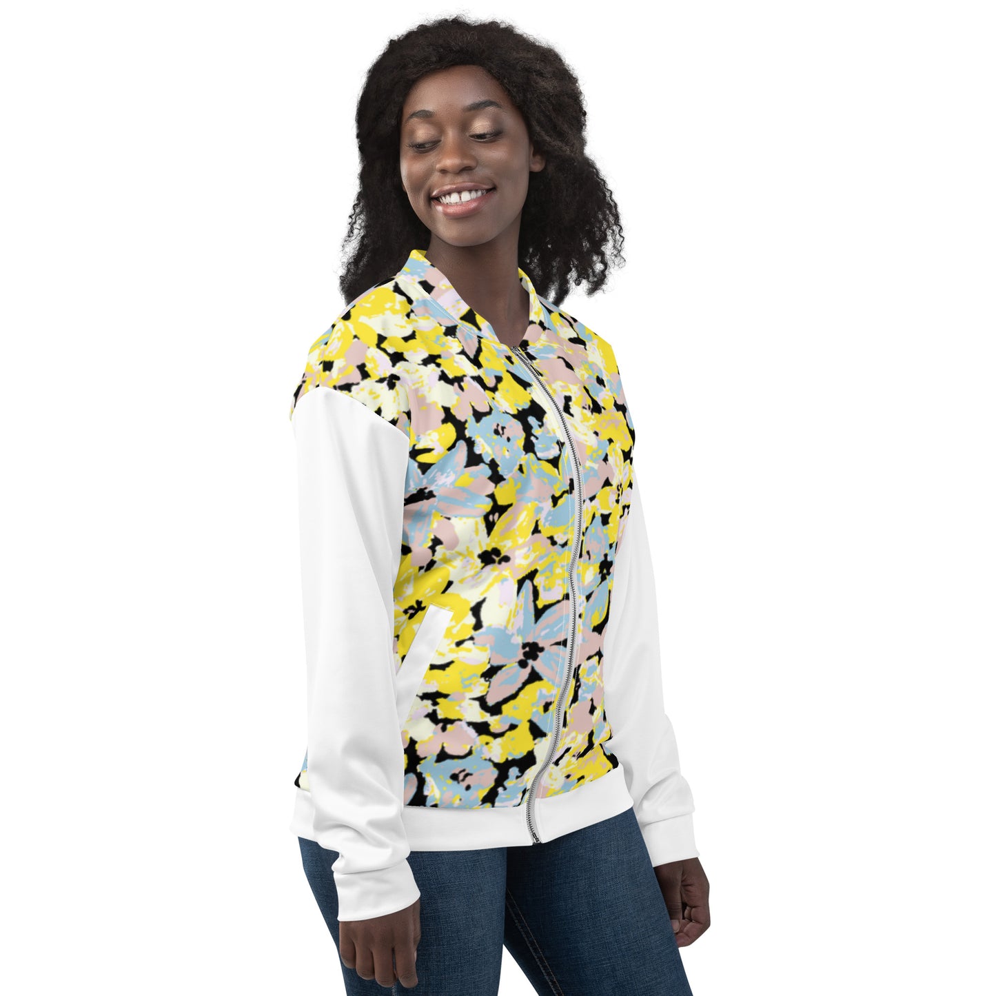 Women's Bomber Jacket With Pockets Zipper Premium Quality Yellow Blue Pink Bloom Design by IOBI Original Apparel