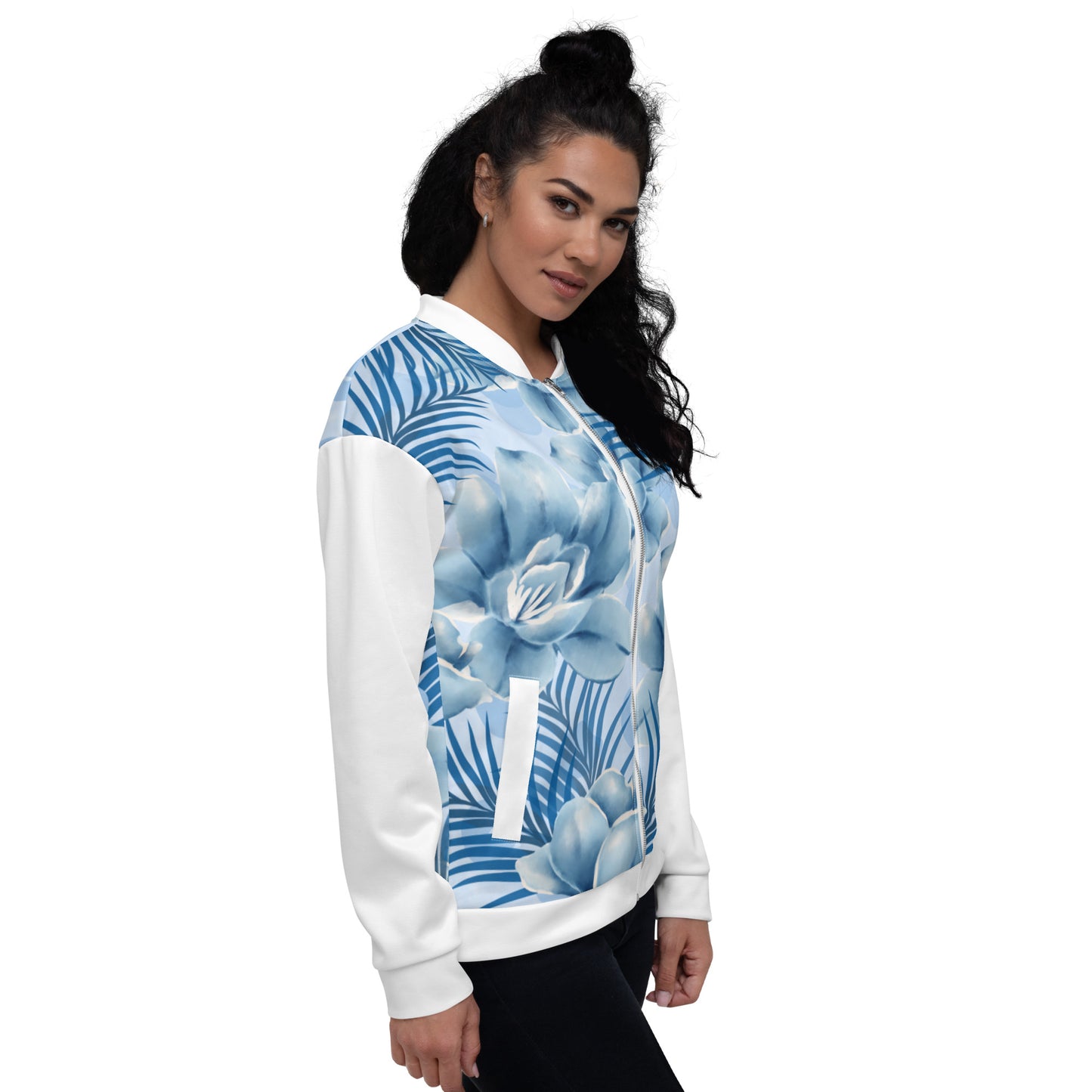 Women Bomber Jacket With Zipper Premium Quality Blue Fire Bird Floral Design by IOBI Original Apparel