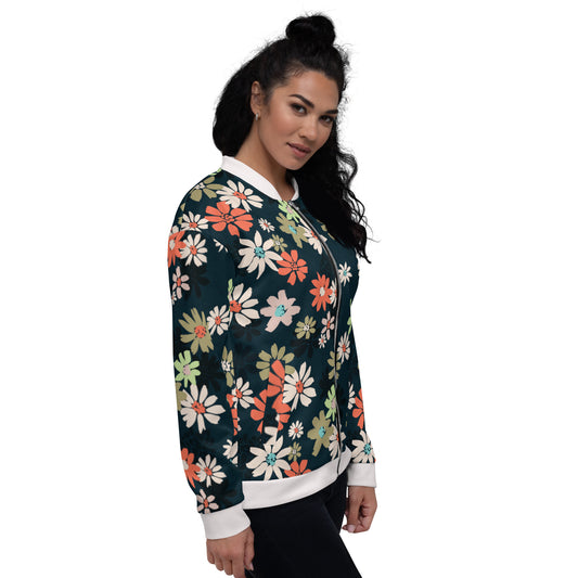 Women Bomber Jacket With Pockets Zipper Daisy Flowers Full Jacket Design by IOBI Original Apparel