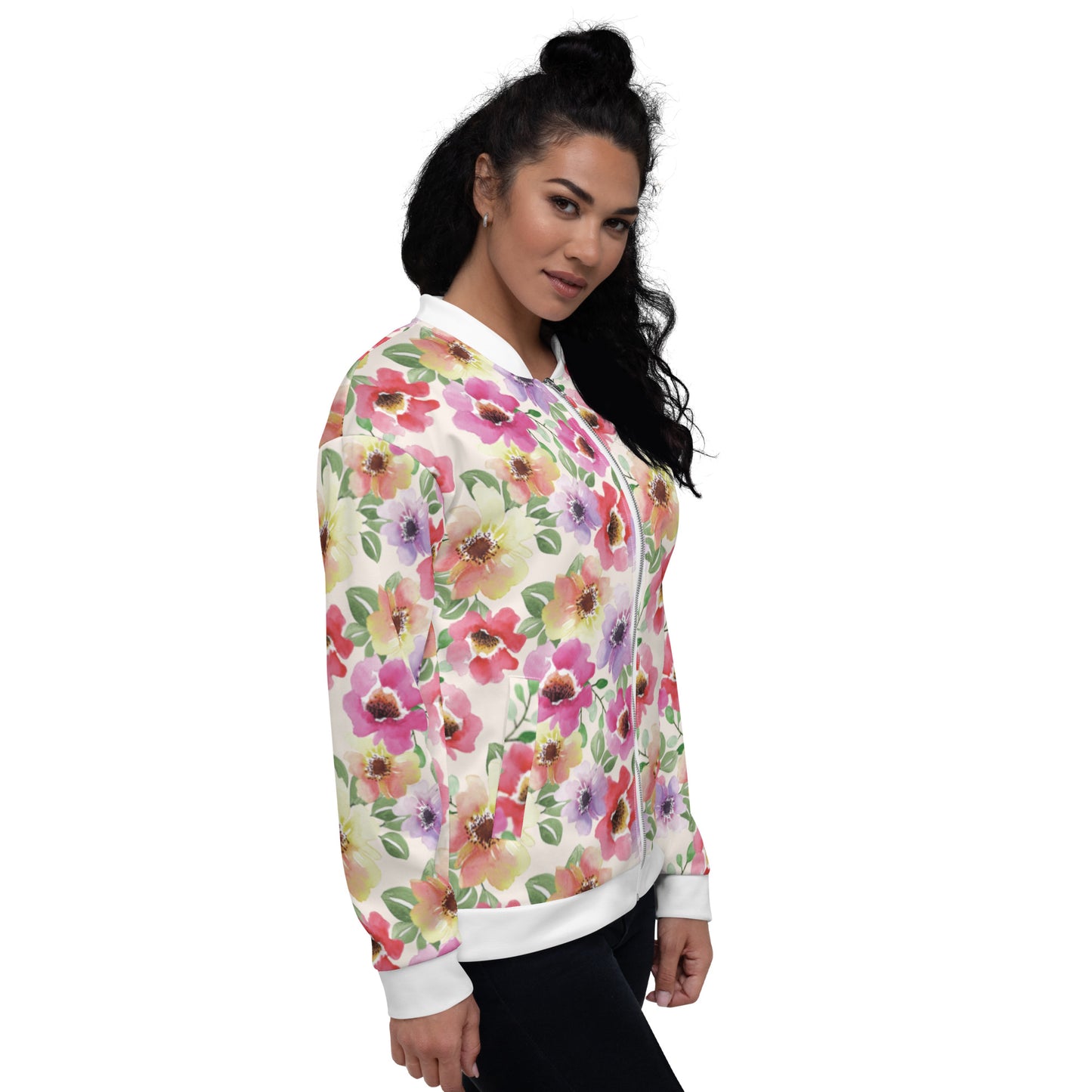 Women Bomber Jacket With Pockets Zipper Poppy Bloom Flowers Design by IOBI Original Apparel