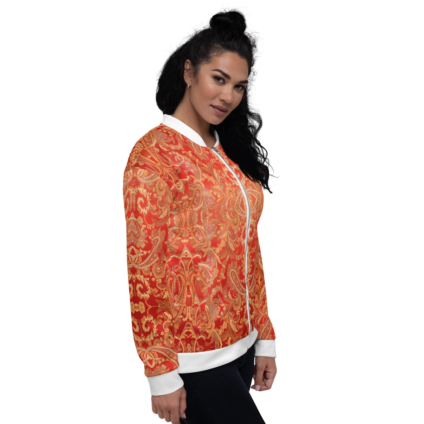 Women Bomber Jacket With Pockets Zipper Premium Quality Warm Paisley Design by IOBI Original Apparel