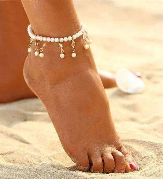 Feshionn IOBI Anklets Gold Pearl and Crystal Drop Ankle Bracelet Accented In Silver or Gold