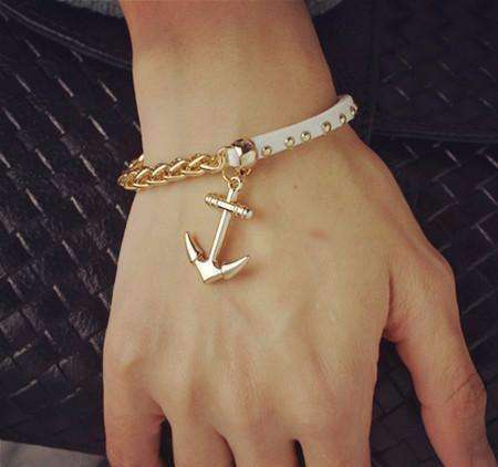 Feshionn IOBI bracelets Anchor Gold Chain and White Suede Studded Bracelet