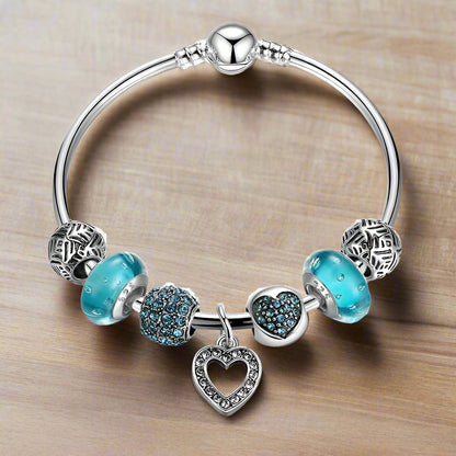 Feshionn IOBI bracelets Aqua Inspirational Heart Aqua Crystal Charm Collection Silver Bangle Bracelet **dont use***