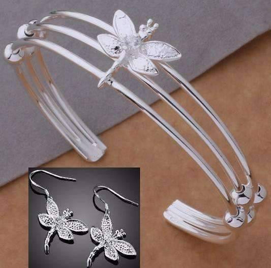 Feshionn IOBI bracelets Dragonfly Sterling Silver Dangling Earrings and Matching Cuff Bracelet Set