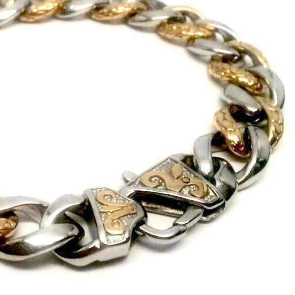 Feshionn IOBI bracelets Fleur De Lis Cuban Curb Link 18k Gold Plated Stainless Steel Men's Bracelet