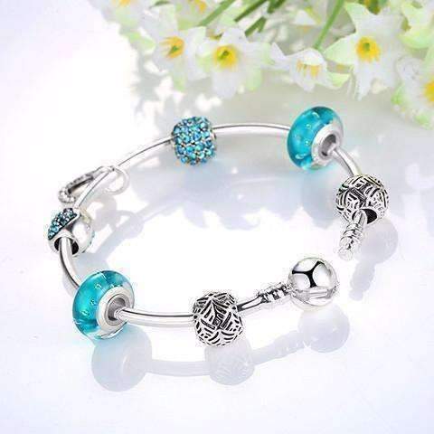 Feshionn IOBI bracelets Inspiration Aqua Glass & Crystal Hearts Silver Bangle Bracelet