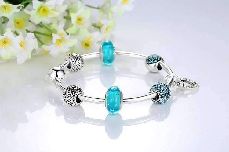 Feshionn IOBI bracelets Inspiration Aqua Glass & Crystal Hearts Silver Bangle Bracelet