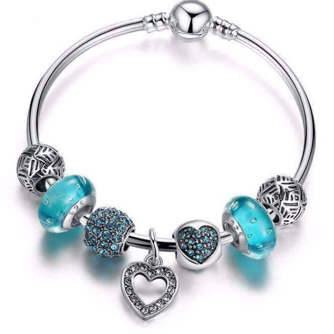 Feshionn IOBI bracelets Inspiration Aqua Glass & Crystal Hearts Silver Bangle Bracelet