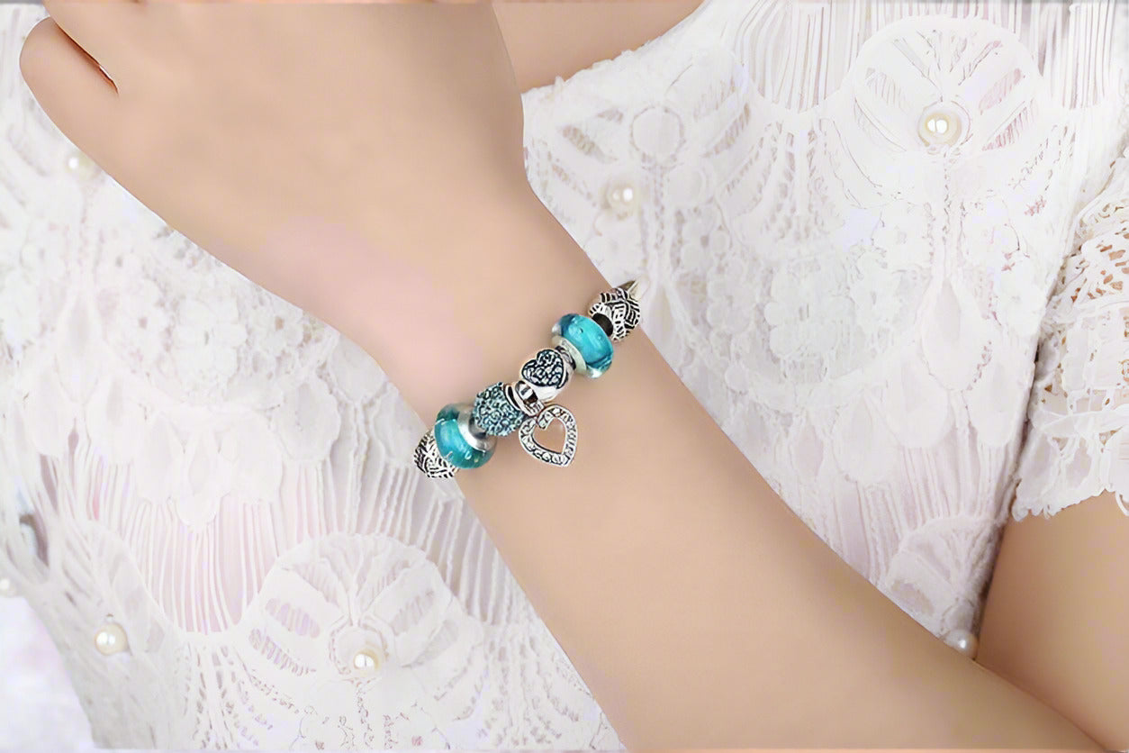 Feshionn IOBI bracelets Inspirational Heart Aqua Crystal Charm Collection Silver Bangle Bracelet **dont use***