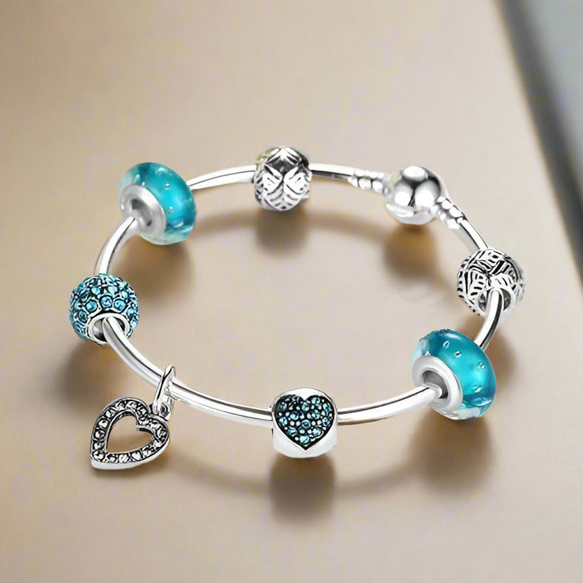 Feshionn IOBI bracelets Inspirational Heart Aqua Crystal Charm Collection Silver Bangle Bracelet **dont use***