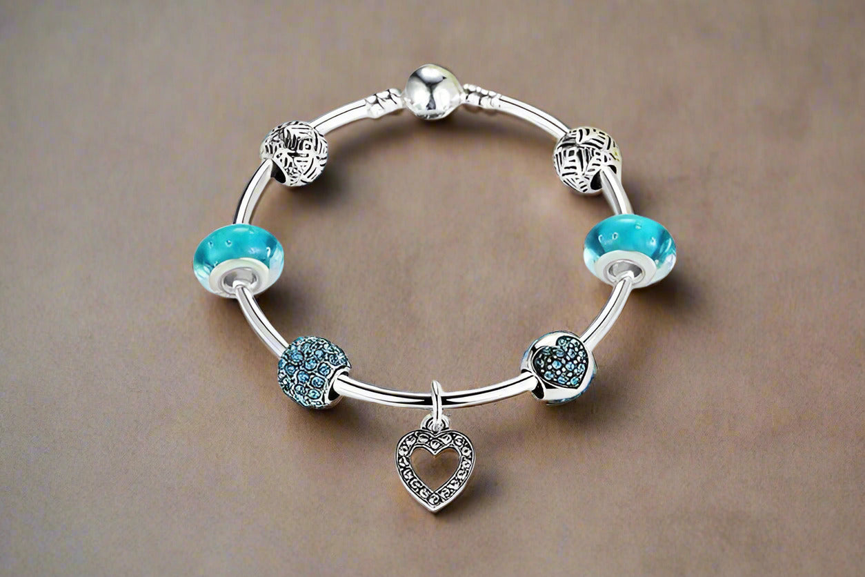 Feshionn IOBI bracelets Inspirational Heart Aqua Crystal Charm Collection Silver Bangle Bracelet **dont use***