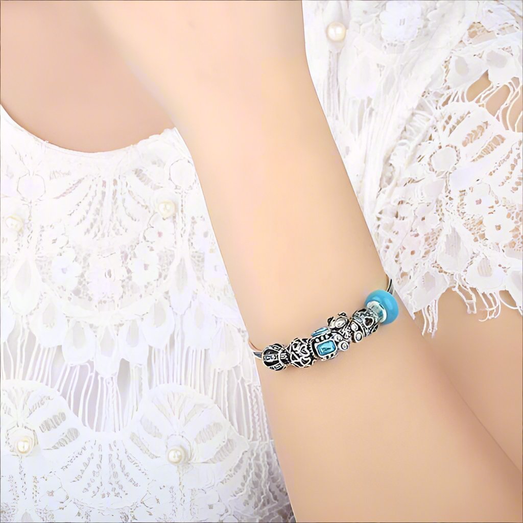 Feshionn IOBI bracelets ON SALE - Beary Cute Aqua Crystal & Hearts Silver Bangle Bracelet