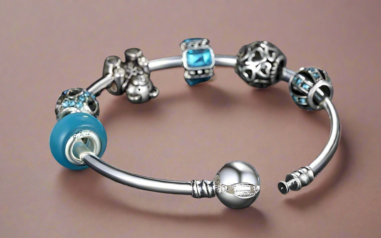 Feshionn IOBI bracelets ON SALE - Beary Cute Aqua Crystal & Hearts Silver Bangle Bracelet