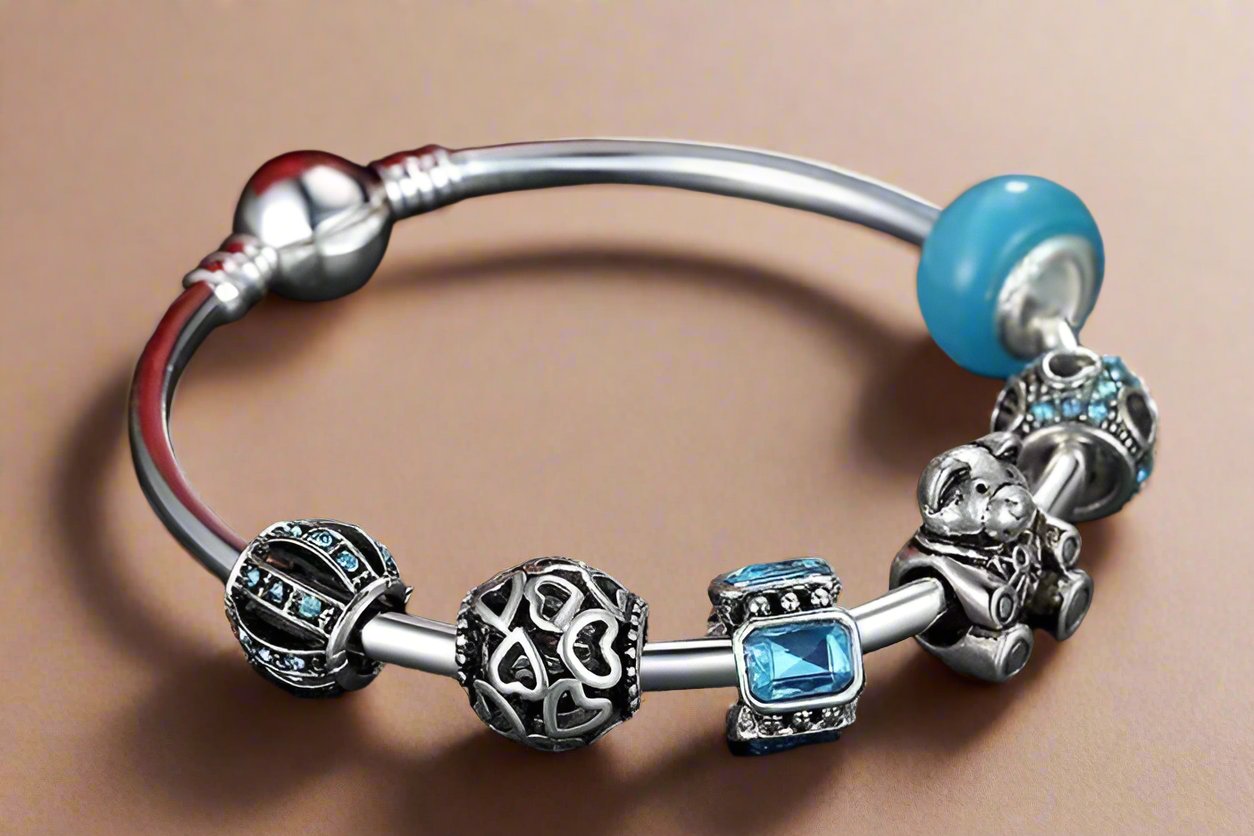 Feshionn IOBI bracelets ON SALE - Beary Cute Aqua Crystal & Hearts Silver Bangle Bracelet