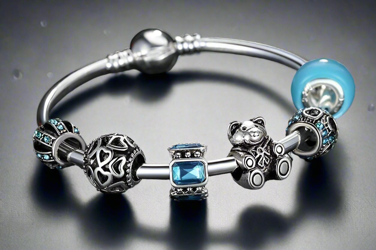 Feshionn IOBI bracelets ON SALE - Beary Cute Aqua Crystal & Hearts Silver Bangle Bracelet