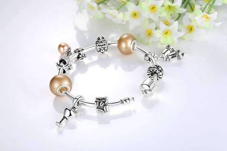 Feshionn IOBI bracelets ON SALE - Peach Champagne Celebration Charm Bead Collection Silver Bangle Bracelet