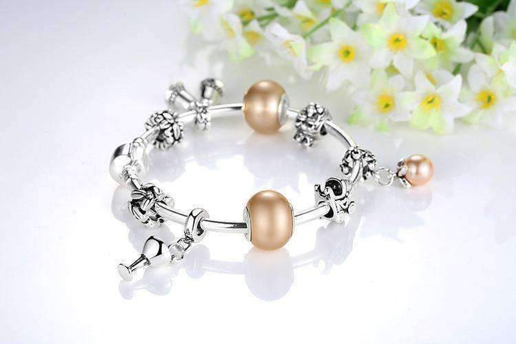 Feshionn IOBI bracelets ON SALE - Peach Champagne Celebration Charm Bead Collection Silver Bangle Bracelet