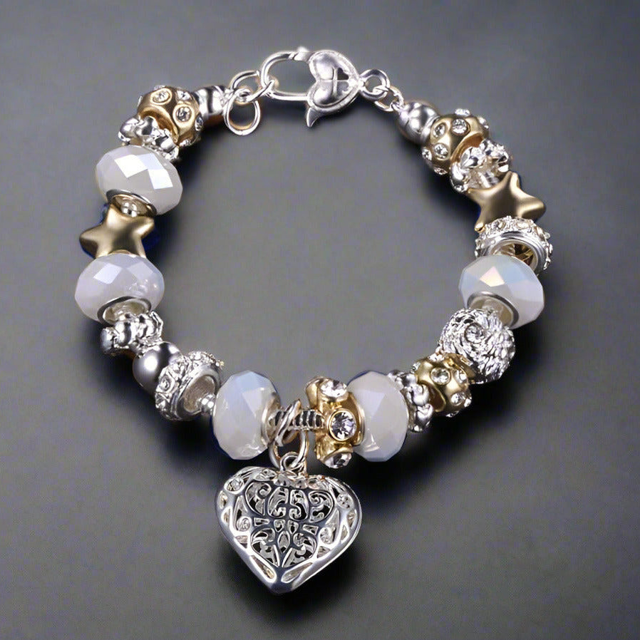 Feshionn IOBI bracelets ON SALE - Pearl White Glass Beads With Heart Charm Bracelet