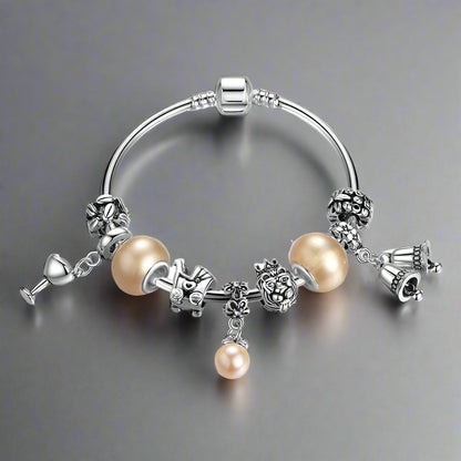 Feshionn IOBI bracelets Pearl ON SALE - Peach Champagne Celebration Charm Bead Collection Silver Bangle Bracelet