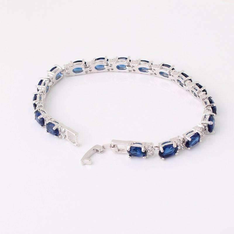 Feshionn IOBI bracelets Sapphire Blue Oval Austrian Crystal Tennis Bracelet in White Gold