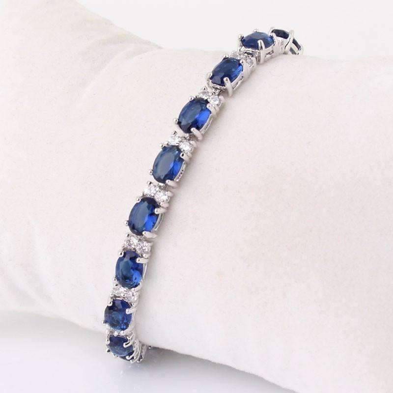 Feshionn IOBI bracelets Sapphire Blue Oval Austrian Crystal Tennis Bracelet in White Gold