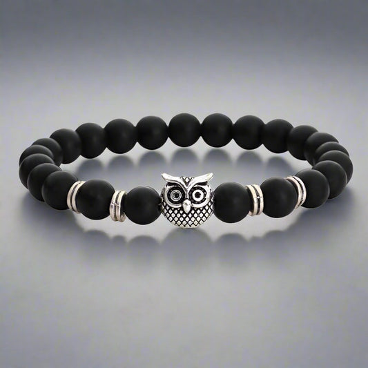 Feshionn IOBI bracelets Silver Tone ON SALE - Owl Genuine Black Agate Gemstone Bead Bracelet