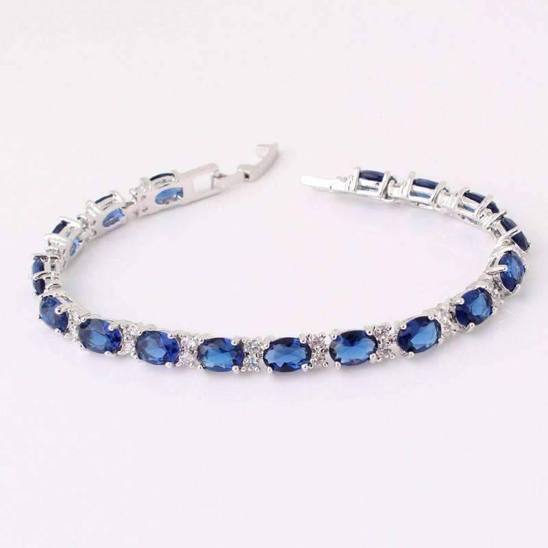 Feshionn IOBI bracelets White Gold Sapphire Blue Oval Austrian Crystal Tennis Bracelet in White Gold