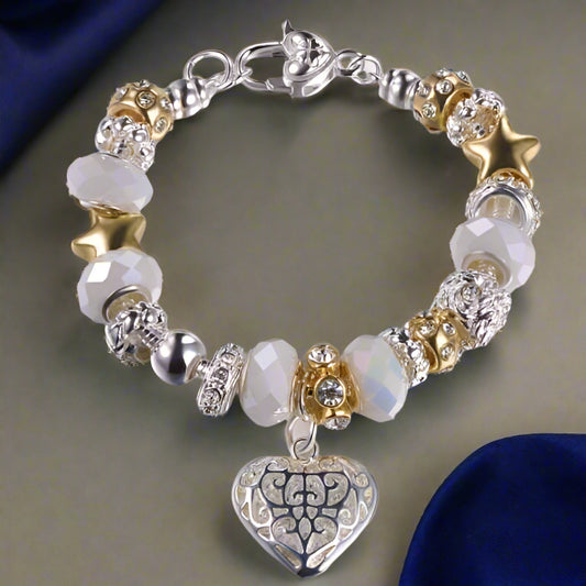 Feshionn IOBI bracelets white ON SALE - Pearl White Glass Beads With Heart Charm Bracelet