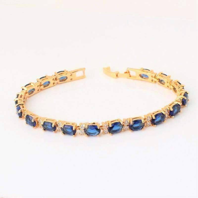 Feshionn IOBI bracelets Yellow Gold Sapphire Blue Oval Austrian Crystal Tennis Bracelet with Extender in Yellow Gold