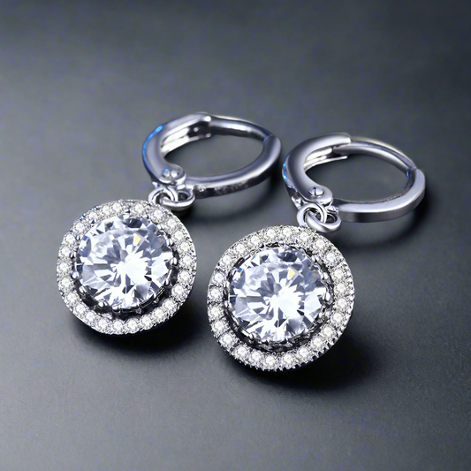 Feshionn IOBI Earrings 18K White Gold Plated Glorious Halo 2.4CTW  Swiss CZ Drop Hoop Earrings