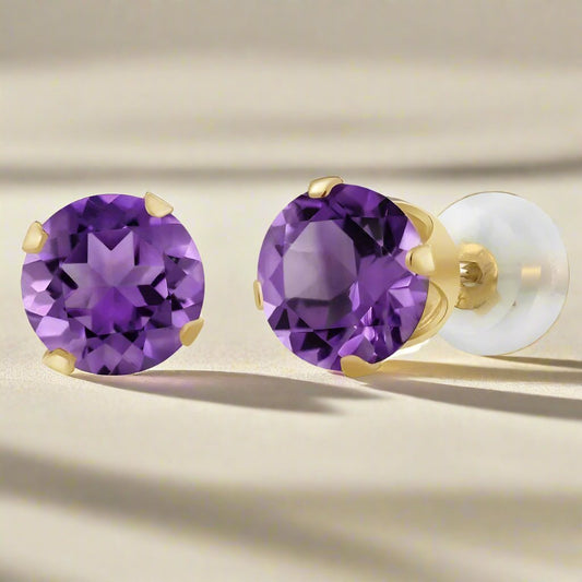 Feshionn IOBI Earrings 1CTW Genuine Amethyst 14K Yellow Gold IOBI Precious Gems Stud Earrings