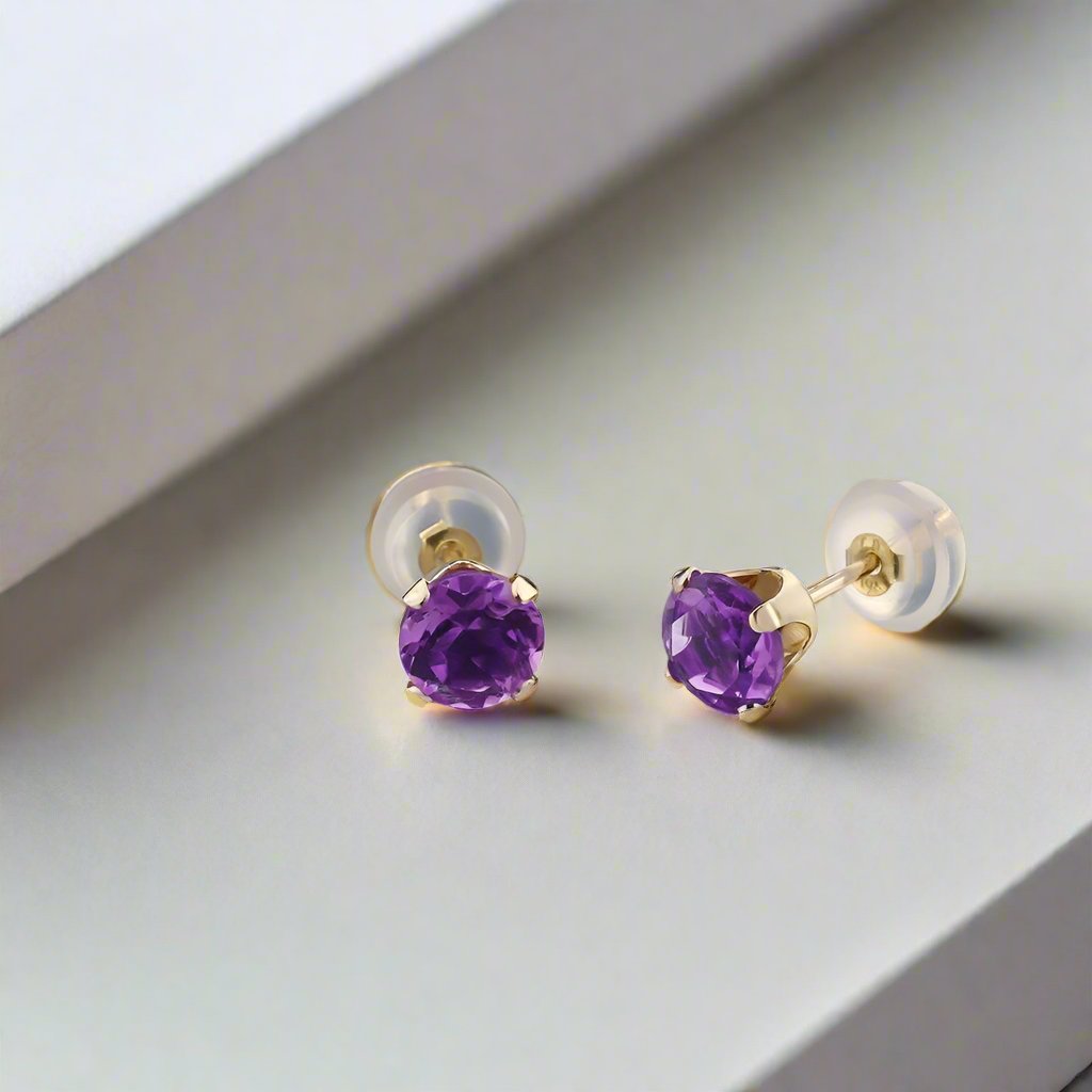 Feshionn IOBI Earrings 1CTW Genuine Amethyst 14K Yellow Gold IOBI Precious Gems Stud Earrings