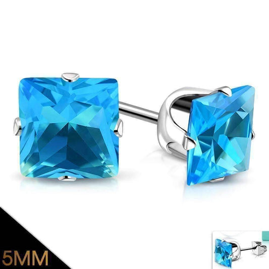 Feshionn IOBI Earrings 3mm / Aqua ON SALE - Aqua Princess Cut Swiss Cubic Zirconia Stud Earrings 316 Stainless Steel