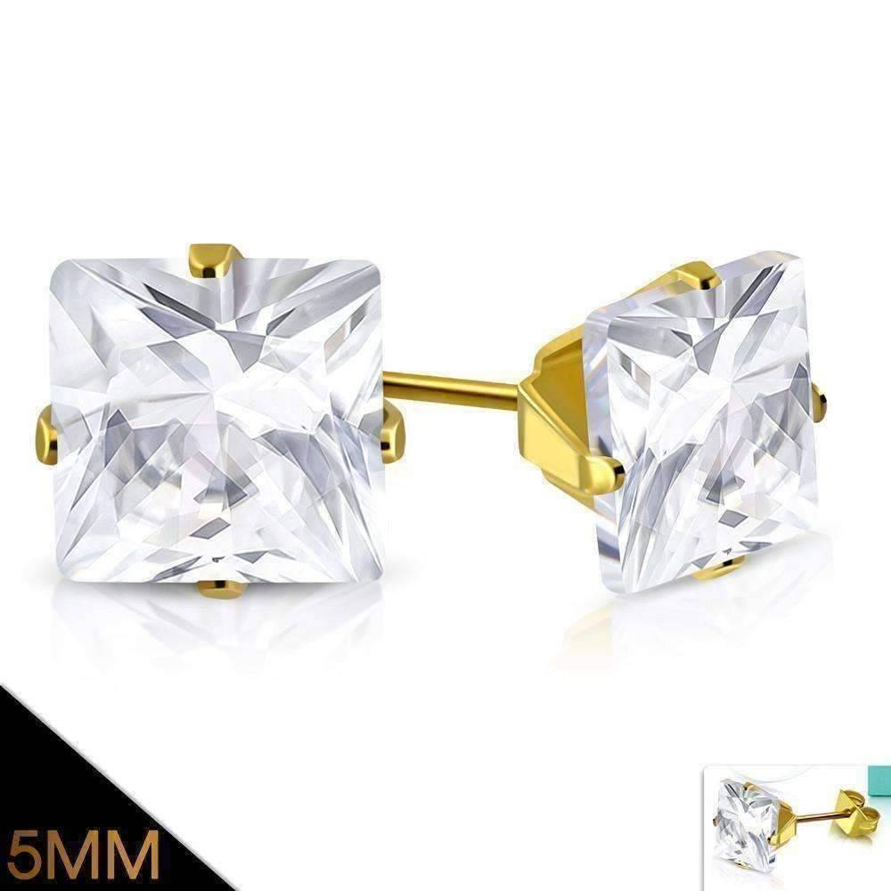 Feshionn IOBI Earrings 5mm / 18K Gold Plated ON SALE - Princess Cut Swiss Cubic Zirconia Stud Earrings 18K Gold Plated 316 Stainless Steel