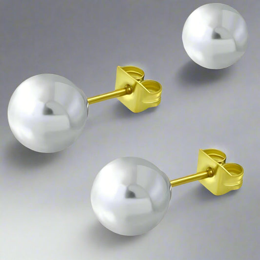 Feshionn IOBI Earrings 6mm / Snowy White ON SALE - Snowy White Pearl Bead Solitaire Stud Earrings 18K Gold Plated Stainless Steel