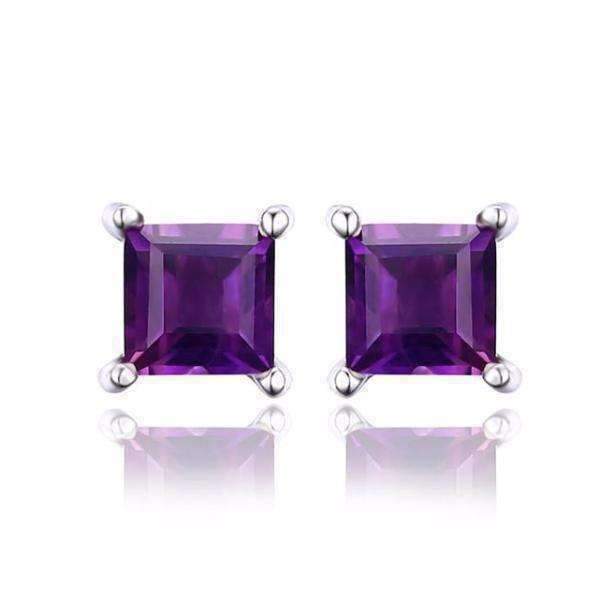 Feshionn IOBI Earrings Amethyst Royal Purple Princess Cut 0.5 CT Genuine Amethyst IOBI Precious Gems Stud Earrings