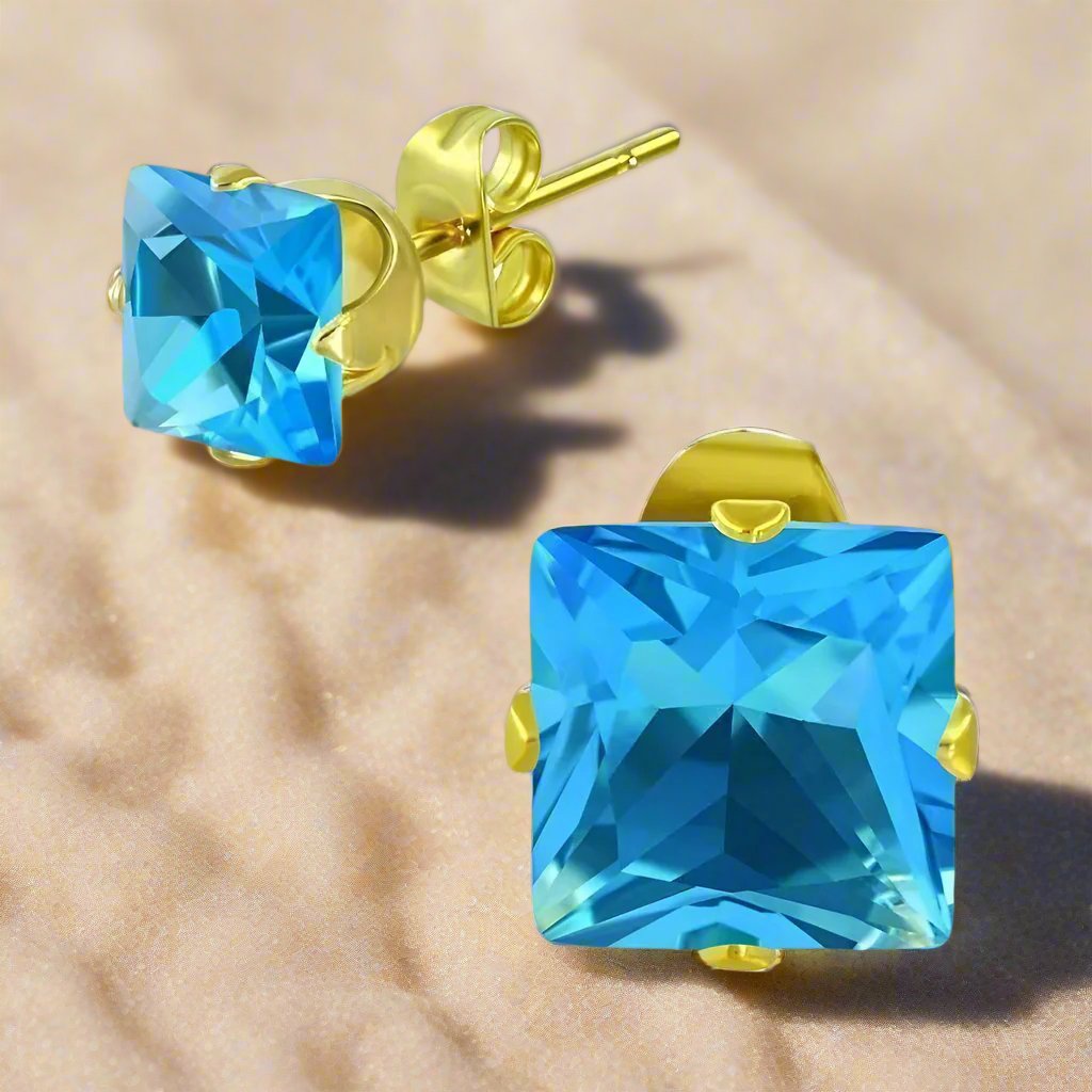 Feshionn IOBI Earrings Aqua Tiniest Princess Cut Aqua Blue 4mm CZ Stud Earrings